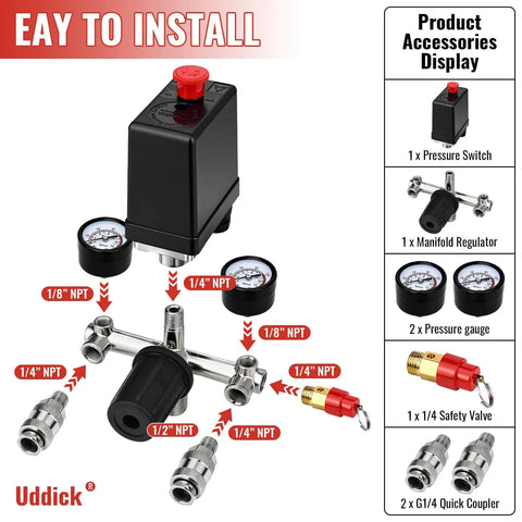 Beefy Workhorse Air Compressor Pressure Switch With Gauge Regulator And Regulating Valve Manifold Durable Aluminum Alloy Body