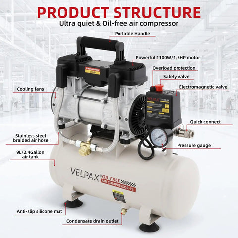 Ultra Quiet 1.5 HP Air Compressor With 2.4 Gallon Steel Tank Operates At Just 60 Dba Noise Level Perfect For Fine Detail Spray Painting Auto Garage Work And Woodworking Nailing Tasks Oil Free Piston Pump Design