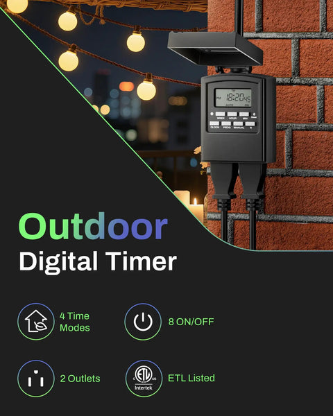 Outdoor Heavy Duty Digital Programmable Timer With Two Grounded Outlets, Waterproof, 7 Day Scheduling, 8 On And Off Programs, Easy Set And Go For Christmas Lights, 15A 0.5HP, ETL Listed
