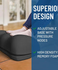 Feet resting on Adjustable Cloud Foot Rest Under Desk for Work Memory Foam Foot Stool with Pressure Point Nodes on the floor.