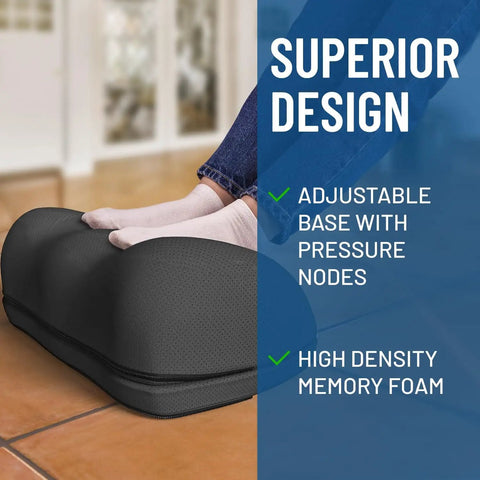 Feet resting on Adjustable Cloud Foot Rest Under Desk for Work Memory Foam Foot Stool with Pressure Point Nodes on the floor.