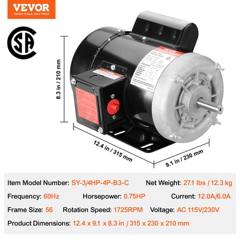 0.75HP Electric Motor With Dual CW CCW Rotation, 1725 RPM, 56 Frame, 5/8 Inch Keyed Shaft, Single Phase 115/230V, side view