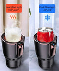 Dual Power Car Cup Warmer And Cooler Fridge Insert For Coffee Soda Beer Maintains Chill Or Heat On The Fly with red and blue lights.