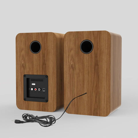 Back view of Bookshelf Studio Monitor Speakers 36W RMS Active Bluetooth 5.4 Wireless USB Audio For Turntable PC, wood finish