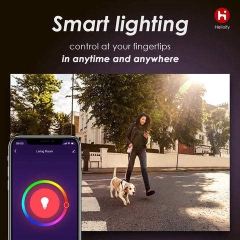 Woman walking dog while controlling Smart Candelabra LED Bulb 40W Equivalent, WiFi Enabled, with smartphone app displayed.