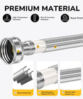 Heavy Duty 24 Inch Faucet Supply Line Pair Built Solid To Handle Daily Grind 3/8 X 1/2 Connector Braided Stainless Steel Sink Hose Leak Proof CUPC Certified Kitchen Bath Essential Quick Install Swap 2 Pack close-up of braided stainless steel hose with nickel-plated nut.