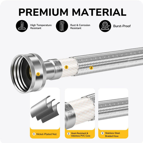 Heavy Duty 24 Inch Faucet Supply Line Pair Built Solid To Handle Daily Grind 3/8 X 1/2 Connector Braided Stainless Steel Sink Hose Leak Proof CUPC Certified Kitchen Bath Essential Quick Install Swap 2 Pack close-up of braided stainless steel hose with nickel-plated nut.