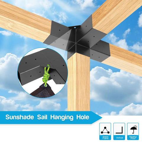 Beefed-Up Heavy Duty Gazebo Brackets Kit Two Pack For 4x4 Lumber 4-Way Right Angle Corner Brackets With Pergola Post Base For 3.5x3.5 Inch Lumber Steel Black Powder Coat Rust Proof Durable Outdoor Support