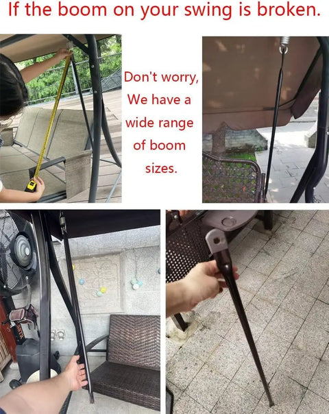 Heavy Duty Garden Swing Replacement Arms Two Pack Round Black Metal Hanging Rods For Swing Set Crossbar Load Bearing Support Easy Secure Connection To Swing Seat And Springs Durable Outdoor Patio Hardware, shown in various views and measurements.