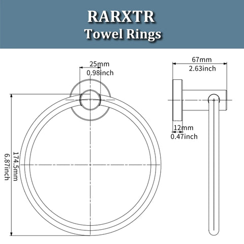 Technical diagram of Matte Black Towel Ring And Hand Towel Holder For Bathroom And Kitchen with measurements in SUS304 steel.