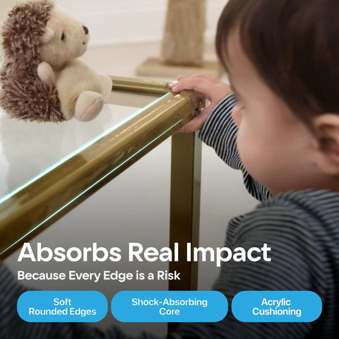 Child touching a table edge with Bonk Free Household Furniture Edge Guard For Baby Proofing And 16 Foot Pre Taped Clear Corner Protectors.
