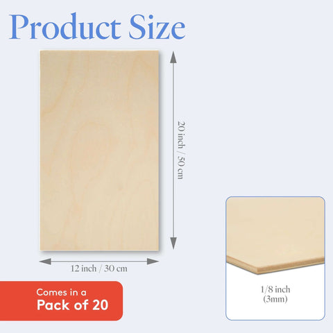Baltic Birch plywood sheet, front view, 3 mm (1/8 in) thick, 12 x 20 in, pack of 20 sheets
