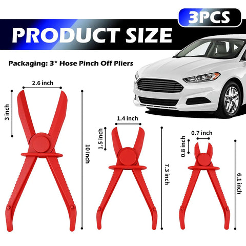 Three Size Hose Pinch Off Pliers Set For Fuel Brake And Radiator Hoses With Non Slip Grip Multi Purpose Clamp Pliers For Auto Repair And Maintenance Safety Latch Keeps Jaws Locked Hands Free Tool, showing three red pliers in different sizes against a car.