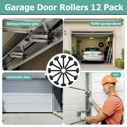 12 Pack Black 2 Inch Nylon Garage Door Rollers With 4 Inch Nylon Layer Stem installed on garage door for noise reduction