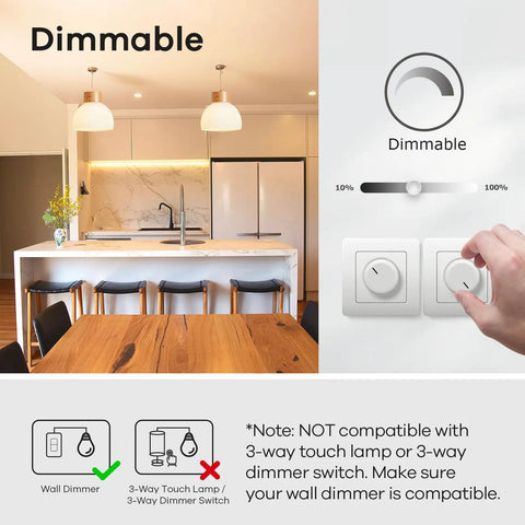 Illustration showing dimmable feature of A19 LED Light Bulbs 75W Equivalent Dimmable E26 Base 2700K Soft White 13W 1100 Lumens UL Listed FCC Certified