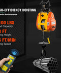 1100 Lbs Electric Hoist Winch with remote control lifting metal pipes, 98 Ft lift height, 1500W power for material handling.