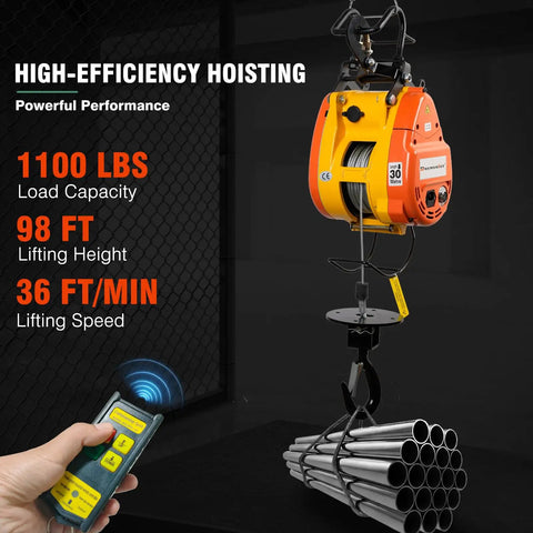 1100 Lbs Electric Hoist Winch with remote control lifting metal pipes, 98 Ft lift height, 1500W power for material handling.
