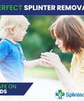 Painless Splinter Removal Kit (30-pack) used on a child’s finger outdoors; SplinterAid logo visible.