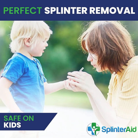 Painless Splinter Removal Kit (30-pack) used on a child’s finger outdoors; SplinterAid logo visible.