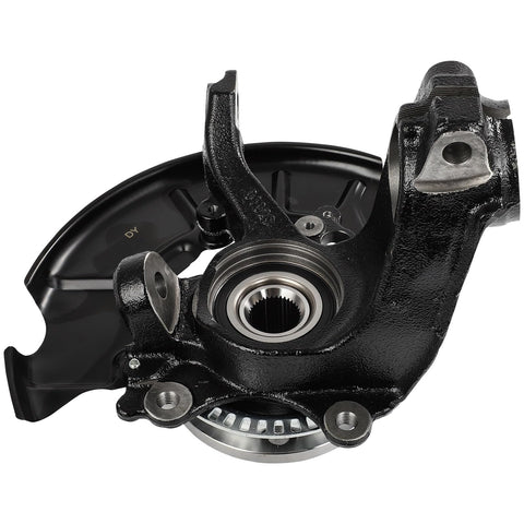 Front view of steering knuckle and wheel hub bearing assembly kit for Volkswagen Beetle 1999 to 2010, fits 288 MM rotors, two-piece replacement.