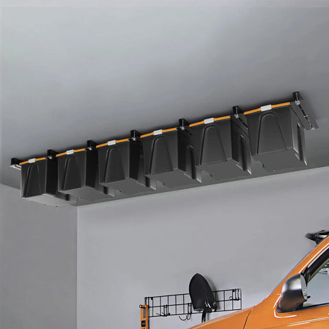 Heavy Duty Ceiling Garage Storage Racks For Bins And Totes, Space Saving Overhead Organizer With Adjustable Width, 7 Pack Installed