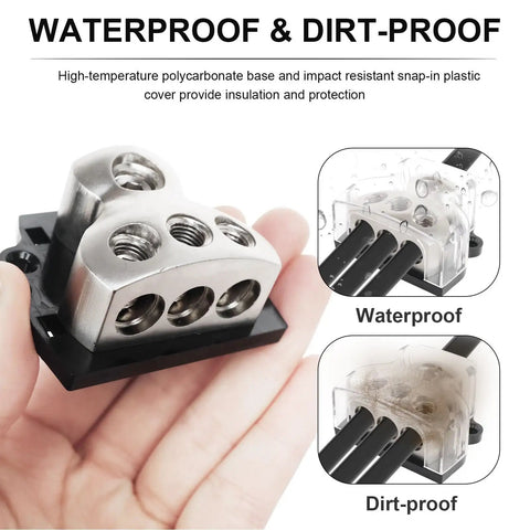 Beefy Three Way Ground Distribution Block For Car Audio Power With 0 Gauge Input And 4 Gauge Output Ports Heavy Duty Ground Splitter For Automotive Truck Boat And Marine Amp Install 1 Pack, waterproof clear cover