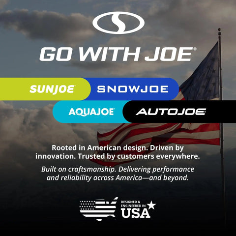 Go With Joe brand logos SunJoe, SnowJoe, AquaJoe, AutoJoe over a cloudy sky and American flag background