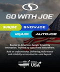 American flag with Go With Joe branding and product lines: SunJoe, SnowJoe, AquaJoe, AutoJoe against cloudy sky background