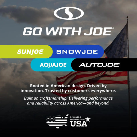 Brand logos SunJoe, SnowJoe, AquaJoe, and AutoJoe overlaid on American flag backdrop with 'Go With Joe' slogan and USA map design.