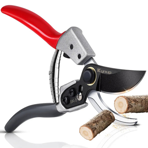 Effortless Pruning Shears For Gardeners With Safety Lock And Sharp SK5 Steel Blade Up To One Inch Cut Capacity cutting a branch