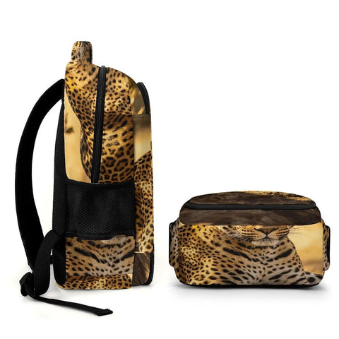 Side view of Dope Golden Hour Leopard Print Unisex Backpack With Ample Capacity, Lightweight Polyester Daypack, Durable Zippers