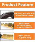 Reinforced Polyurethane Recoil Air Hose With Bend Restrictor One Quarter Inch By Ten Feet Black Lightweight And Tangle Free Anti Kink Design With Auto Retract For Easy Storage Includes Industrial Quick Coupler And Plug, showing durability and high-quality features.