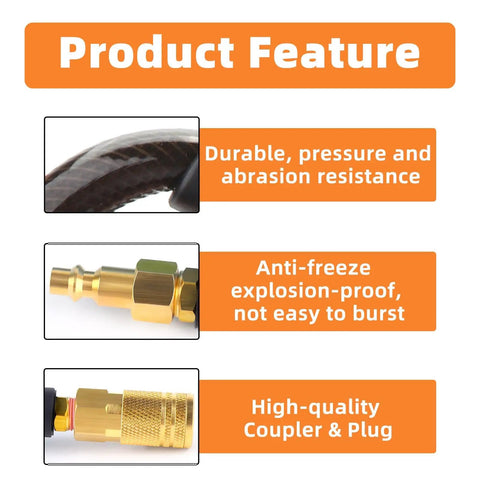 Reinforced Polyurethane Recoil Air Hose With Bend Restrictor One Quarter Inch By Ten Feet Black Lightweight And Tangle Free Anti Kink Design With Auto Retract For Easy Storage Includes Industrial Quick Coupler And Plug, showing durability and high-quality features.