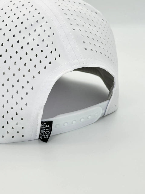Back view of Performance Golf Hat With Breathable Laser Holes And Adjustable Strapback For A Sharp Witty On Course Look Dope Polyester Build In Crisp White.