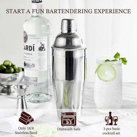 24 Ounce Cocktail Shaker Set With Bar Quality Strainer, Measuring Jigger, Mixing Spoon And Easy Recipe Guide For Beginners, Pro Grade Home Bar Kit In Silver; 18/8 stainless steel shaker