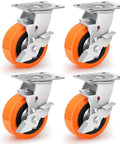Heavy Duty Industrial Casters With Upgraded Thickened Bracket, 5 Inch Plate Swivel Caster Set Of 4, Polyurethane Wheels, Rust And Corrosion Resistant, Indoor Outdoor Use With Four Brakes