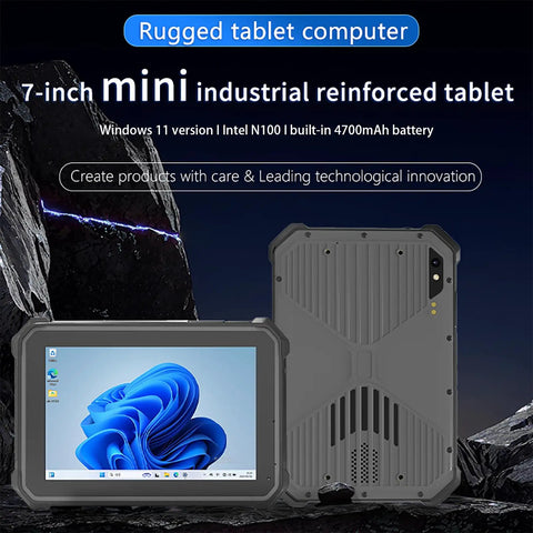 Knucklebuster Proof Rugged 7 Inch Industrial Tablet With Windows 11 Pro Intel N100 Chip 8G Ram 128G Drive showing front and back view