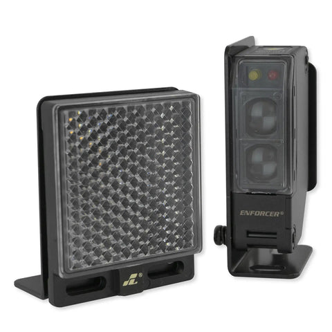 Enforcer Indoor Outdoor Wall Mounted Photoelectric Beam Sensor With 35 Foot Range For Perimeter Security, Weatherproof Infrared Beam Detector shown with reflector
