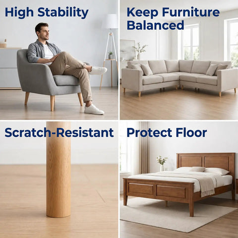 Adjustable Furniture Feet With One Quarter Inch Thread, Screw-In Leveling Feet For Tables And Chairs demonstrating stability and protection on hardwood floors.