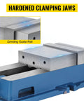 Close-up of 6 Inch Accu Lock Down Milling Vise for Drill Press and Bench Clamp featuring hardened clamping jaws and grinding guide rail.