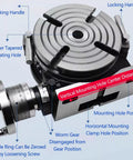 Dual Hand Manual Rotary Indexing Table For Milling Machines 10 Inch 250mm with scale and handles highlighted