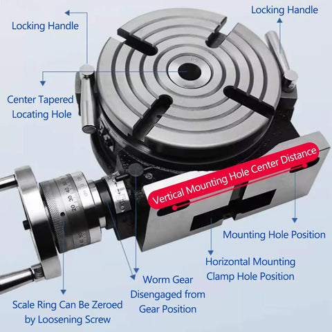 Dual Hand Manual Rotary Indexing Table For Milling Machines 10 Inch 250mm with scale and handles highlighted