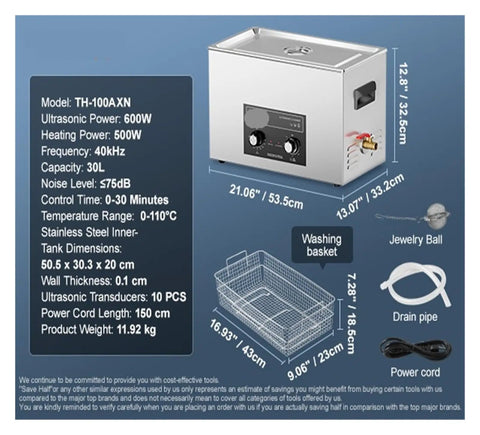 Big 30 Liter Ultrasonic Cleaner With Heater And Timer For Heavy Duty Lab Tools Metal Parts Carburetor Brass Auto Engine Jobs Deep Clean Power with specifications and measurements.