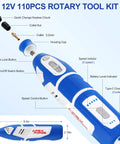 Diagram of 12V Cordless Rotary Tool Kit With 35000 RPM showing features like keyless chuck, five speed settings, Type C charging.