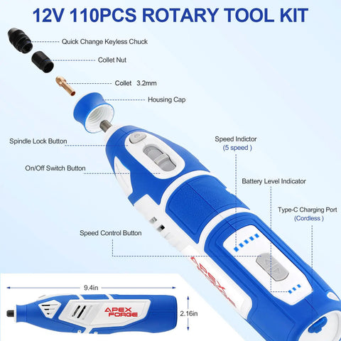 Diagram of 12V Cordless Rotary Tool Kit With 35000 RPM showing features like keyless chuck, five speed settings, Type C charging.