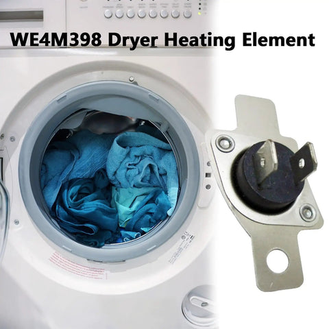 Replacement Thermistor Inlet Control for Dryer Heating Element WE4M398 shown next to open dryer with blue towels.