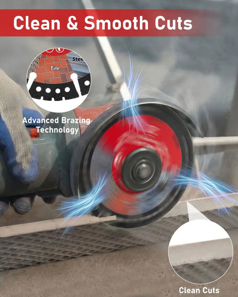 4-1/2 Inch Diamond Multi Purpose Saw Blade 2 Pack For Grinder 7/8 Inch Arbor in use, cutting through material on grinder
