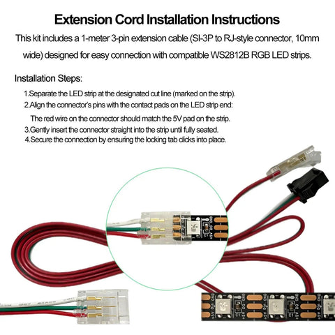 Close-up of 1 Meter WS2812B RGB LED Strip Light Bundle With USB Controller And Extension Cable showing installation steps.