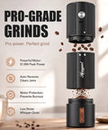 Straight Up Fast Electric Burr Coffee Grinder With Heavy Duty Stainless Steel Blades Cordless Rechargeable Unit showing disassembled parts and coffee grounds.