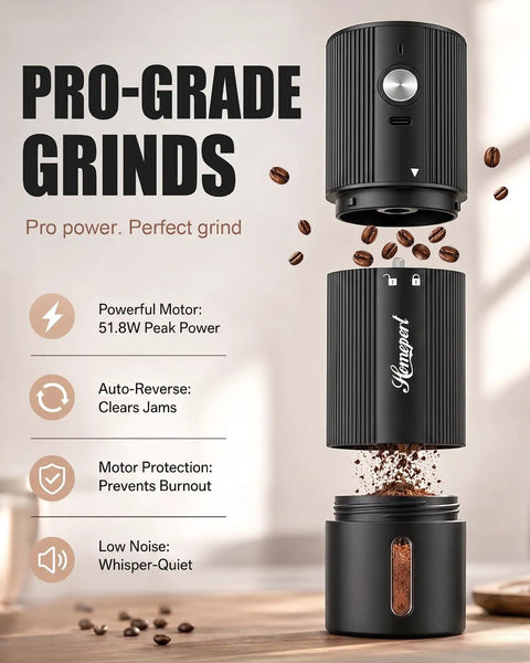 Straight Up Fast Electric Burr Coffee Grinder With Heavy Duty Stainless Steel Blades Cordless Rechargeable Unit showing disassembled parts and coffee grounds.